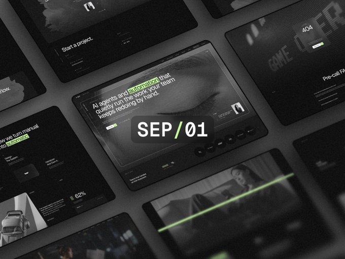 A dark-themed promotional graphic displaying multiple device mockups with text including 'SEP / 01' and 'AI agents and automation that quietly run the work your team keeps treating by hand,' alongside headings like 'Start a project,' 'How we turn manual into automatic,' and 'GAME OVER 404.'