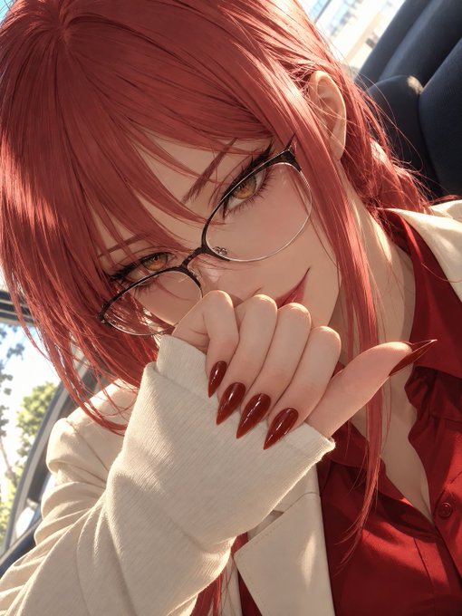 An anime-style illustration of a woman with red hair, glasses, and long red nails, with her hand near her face, wearing a white jacket over a red top.