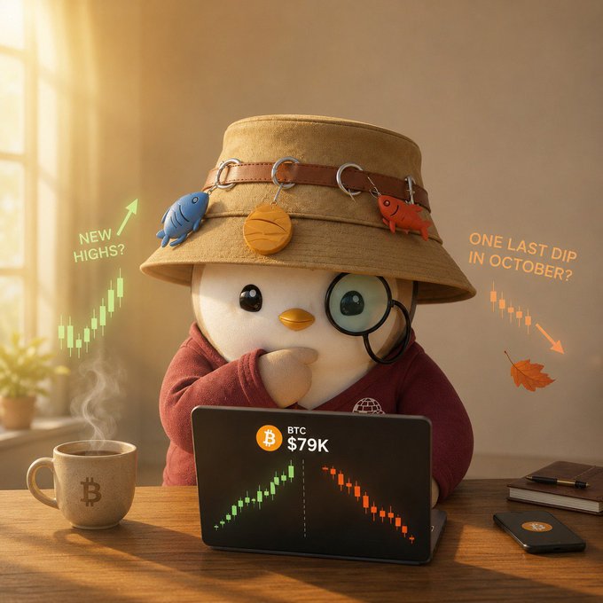 A 3D-rendered cute character wearing a bucket hat adorned with fish and crab keychains, sitting at a desk with a laptop showing a Bitcoin chart at '$79K' BTC, alongside text asking 'NEW HIGHS?' and 'ONE LAST DIP IN OCTOBER?'.