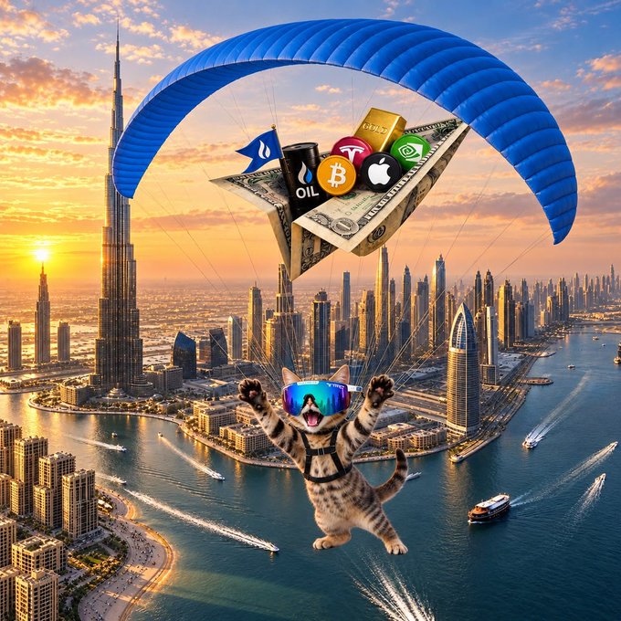 A skydiving cat in ski goggles descends via parachute over Dubai's skyline, with the harness carrying Bitcoin, OIL, Apple, and other asset icons above stacks of cash. The image playfully illustrates the "GM... Parachuting into the dip. HODL or jump?" post by depicting a daring mid-air bailout into a market downturn, with the cat clutching both crypto/traditional assets and fiat—visualizing the choice between holding through volatility or cutting losses.