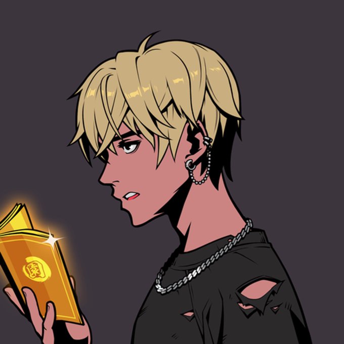 An anime-style illustration of a blonde male character wearing a chain necklace and earrings, holding a glowing golden talisman with a kanji symbol, wearing a torn black shirt.