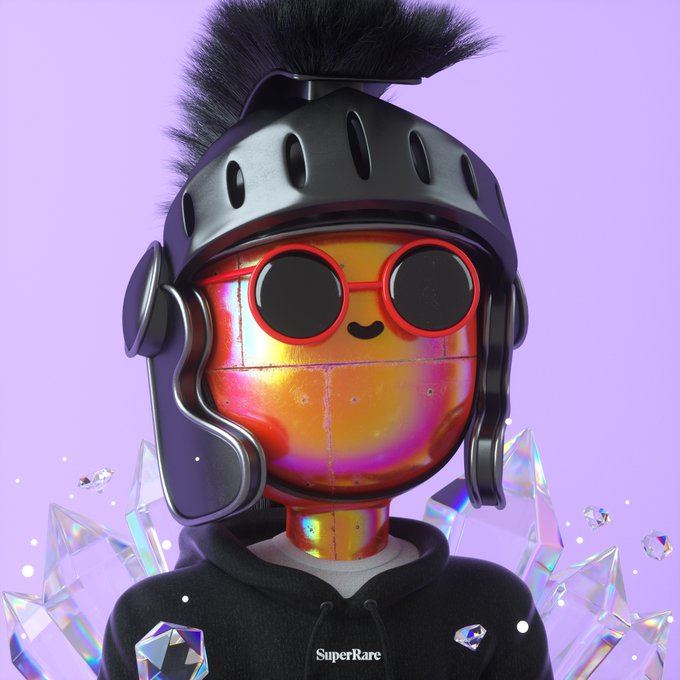 A 3D rendered SuperRare NFT character with an iridescent rainbow metallic face, red sunglasses, a black spiky mohawk helmet, and black hoodie, set against a purple background with floating crystals.