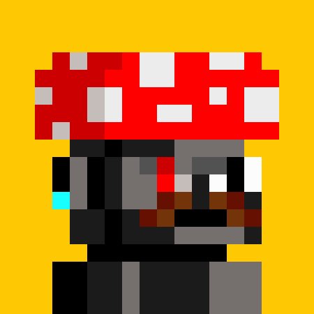 A pixel art image featuring a gray character with a red and white mushroom-like cap on its head, set against a yellow background.