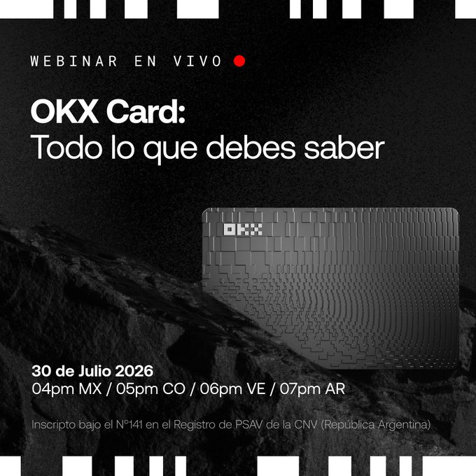 A Spanish-language promotional poster for an 'OKX Card' webinar ('WEBINAR EN VIVO') scheduled for July 30, 2026, featuring a black OKX-branded card.