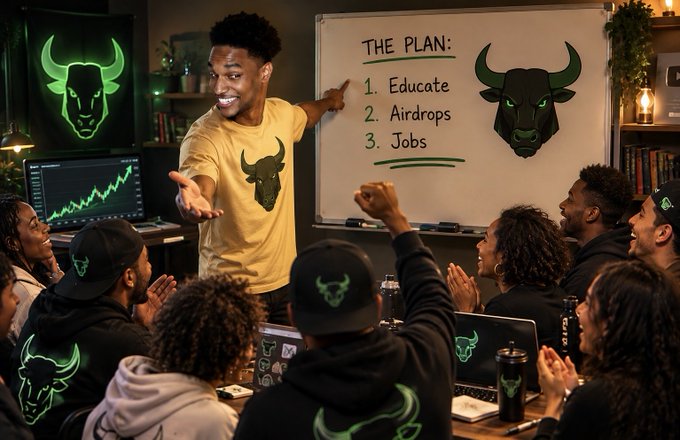 A man wearing a yellow bull-themed shirt points to a whiteboard labeled "THE PLAN: 1. Educate, 2. Airdrops, 3. Jobs" while speaking to a cheering group of people in a green-lit room.