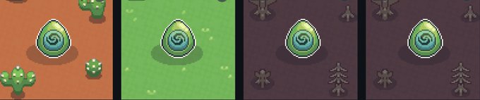 Four panels display a stylized green and blue swirled egg-like object in different game environments: a desert, a grassy field, and two dark forest scenes.