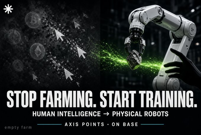 A promotional graphic for 'empty farm' reading 'STOP FARMING. START TRAINING.' with subtitle 'HUMAN INTELLIGENCE → PHYSICAL ROBOTS' and 'AXIS POINTS · ON BASE', showing a robotic arm on the right and digital crypto icons dissolving into pixelated arrows on the left.