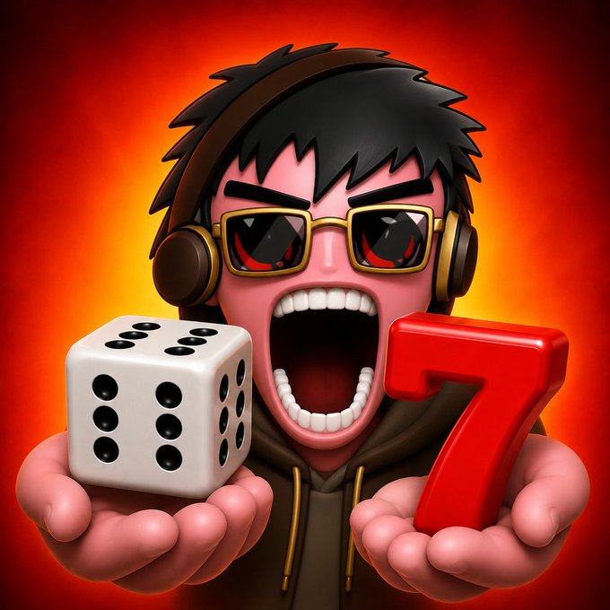 A stylized 3D character with headphones and sunglasses yells excitedly while holding a large white die and a red number '7'.