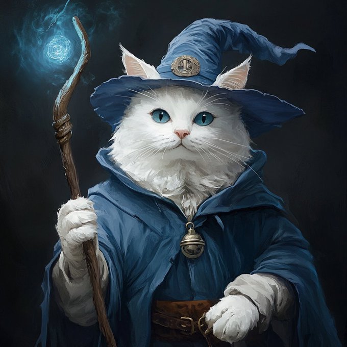 A digital artwork of a white cat dressed as a wizard, wearing a blue pointed hat and robe, holding a wooden staff with a glowing blue orb at the top.