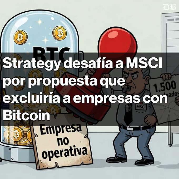 A cartoon illustration showing a jar of Bitcoin labeled 'BTC' next to a man in an 'MSCI' uniform stamping 'Empresa no operativa' on it, with Spanish text reading 'Strategy desafía a MSCI por propuesta que excluiría a empresas con Bitcoin'.
