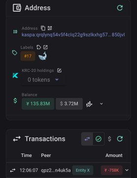 A crypto wallet interface for "Address" #1 (kaspa:qrq...850j) shows a balance of 135.83M KAS ($3.72M) and 0 krc-20 holdings, with the Transactions section displaying wallet #17 sending 758K $KAS to wallet #1 at 12:06:07, matching the described transfer.