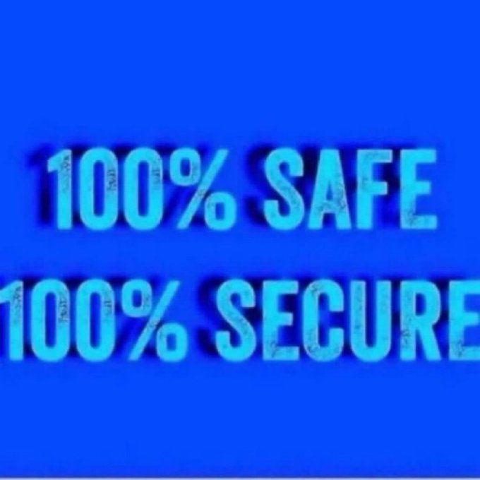 A blue graphic with glowing text reading '100% SAFE' and '100% SECURE'.