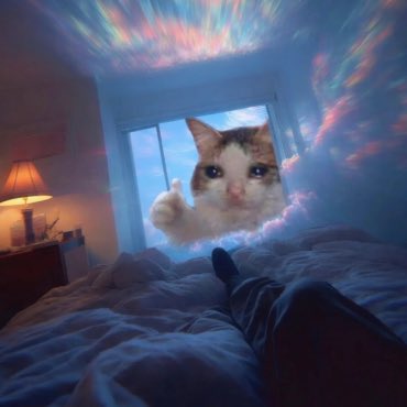 A first-person view from someone lying on a bed looking at a giant cat emerging from a dreamy, colorful cloud-filled sky outside a window.