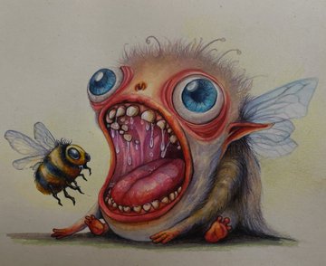 A whimsical, grotesque painting of a big-eyed creature with a wide-open mouth being approached by a bumblebee.