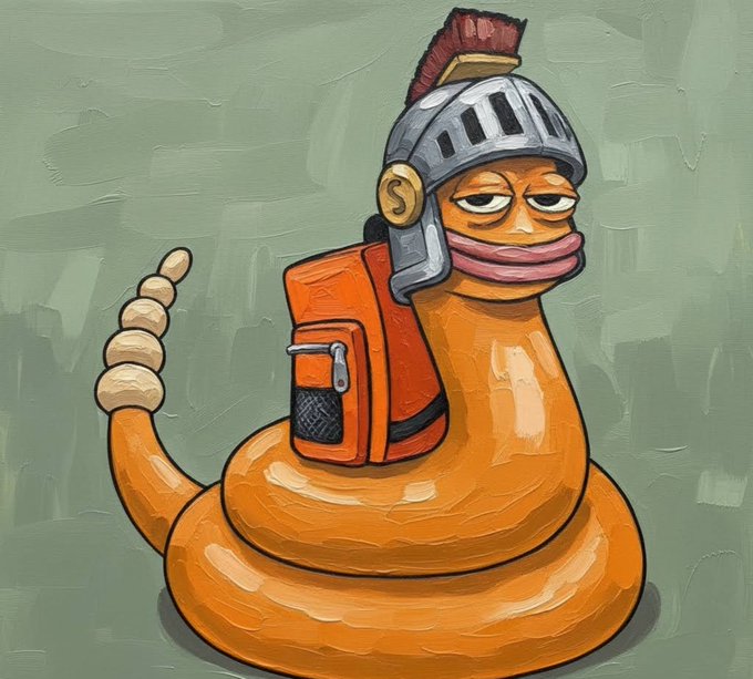A cartoon illustration depicts a coiled orange snake wearing a Roman centurion helmet with a red plume and carrying a small orange backpack.