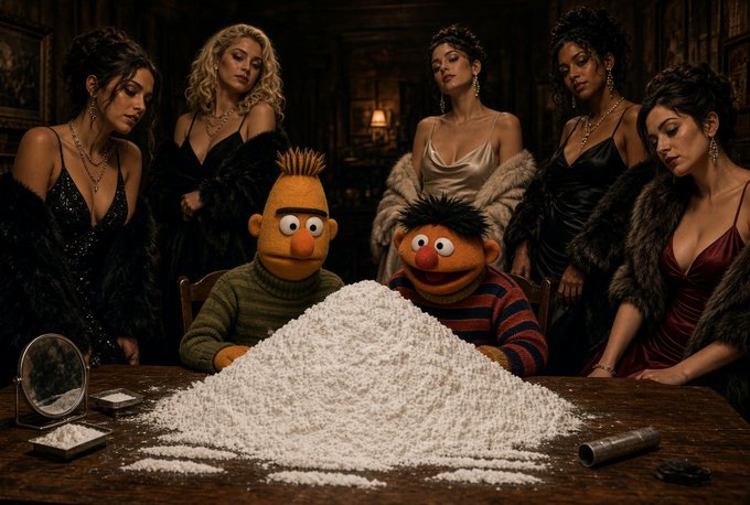 Bert and Ernie sit at a table surrounded by five glamorous women in fur-lined dresses, gazing at a massive pile of white powder while a mirror and small items rest nearby. The opulent, edgy scene visually amplifies the post's bold claim about XRP reaching $1,000, suggesting an extravagant, cocaine-fueled celebration if the milestone is hit.