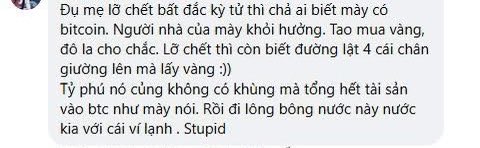 A screenshot of Vietnamese text discussing Bitcoin, mentioning crypto wallets, purchases with cash, and billionaires investing in BTC.