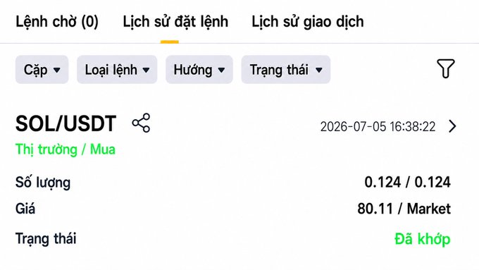 A Vietnamese cryptocurrency trading app screen showing a completed buy order for SOL/USDT at market price 80.11, quantity 0.124, dated 2026-07-05.