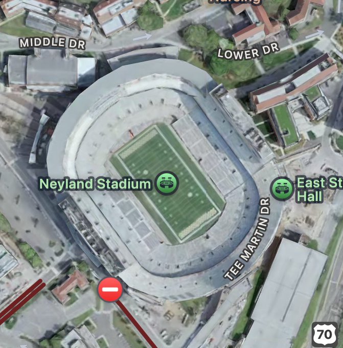 An aerial map view of Neyland Stadium located on Tee Martin Dr, showing nearby roads including Middle Dr and Lower Dr, with an icon marking East Stadium Hall.
