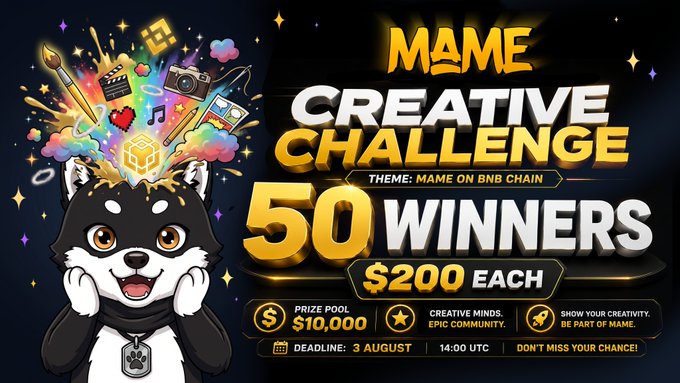 A promotional banner for the 'MAME Creative Challenge' on BNB Chain featuring a Shiba Inu dog mascot, offering 50 winners $200 each from a $10,000 prize pool, with a deadline of 3 August 14:00 UTC.