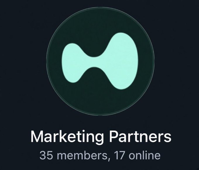 A digital interface element shows a circular logo with a bowtie-like shape, labeled 'Marketing Partners' with '35 members, 17 online' below it.