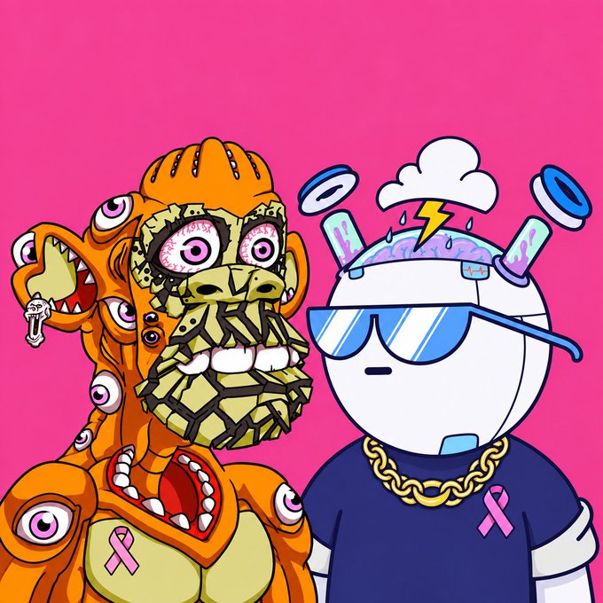 A cartoon illustration on a pink background showing a grotesque orange multi-eyed creature with exposed teeth and muscles next to a white robotic figure wearing blue sunglasses, a gold chain, and a shirt with a pink ribbon.
