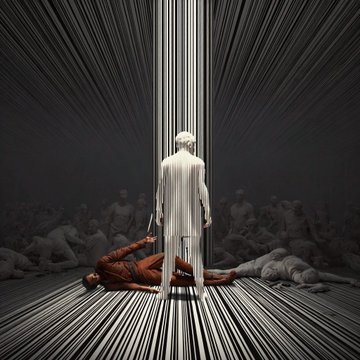 An artistic black and white photograph showing a standing figure illuminated by vertical light beams while other figures lie on the floor in the shadows, set in what appears to be a museum or gallery space.