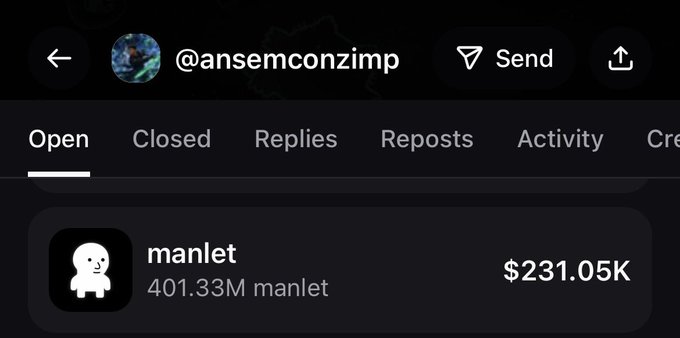 A screenshot of the X (Twitter) profile "@ansemconzimp" shows a holdings entry for the token "manlet" at $231.05K, with 401.33M manlet owned—reflecting the post's excitement about an "ansem paired coin" amid a flip-flop on the token's outlook based on evolving metrics.