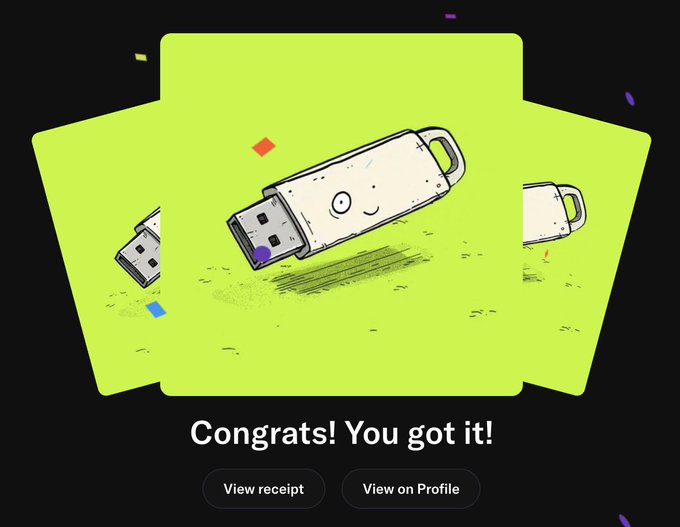 A digital receipt screen displays a cartoon USB drive with a smiling face on a bright green background, with text reading 'Congrats! You got it!' and buttons for 'View receipt' and 'View on Profile'.