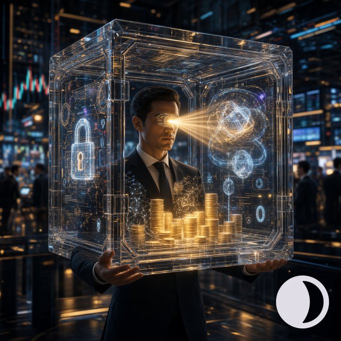 A man in a suit holding a transparent holographic cube displaying digital security elements, including a padlock icon, atomic structure, and stacks of gold coins, set against a futuristic cityscape background.