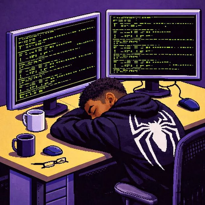 A stylized digital illustration of a young man asleep with his head on a desk in front of two computer monitors displaying green code, wearing a black hoodie with a white spider logo, alongside coffee mugs and glasses.