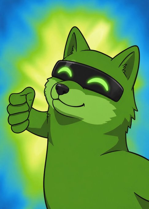 A cartoon illustration of a green dog-like character wearing black sunglasses with glowing green eyes, smiling and giving a thumbs-up against a bright green and blue background.