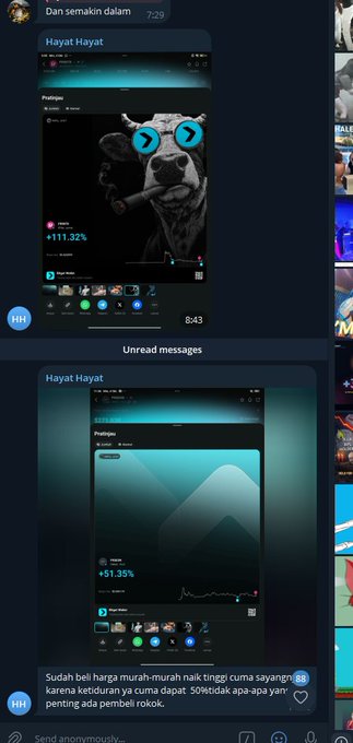 A screenshot of a messaging app in Indonesian, showing unread messages from 'Hayat Hayat' with stock/crypto charts (+111.32% and +51.35%) featuring dog images and a meme with cartoon eyes; visible text reads 'Dan semakin dalam', 'Hayat Hayat', 'Pratinjau', and a message starting 'Sudah bel harga murah-murah naik tinggi cuma sayangi...' ending with 'penting ada pembeli rokok.'