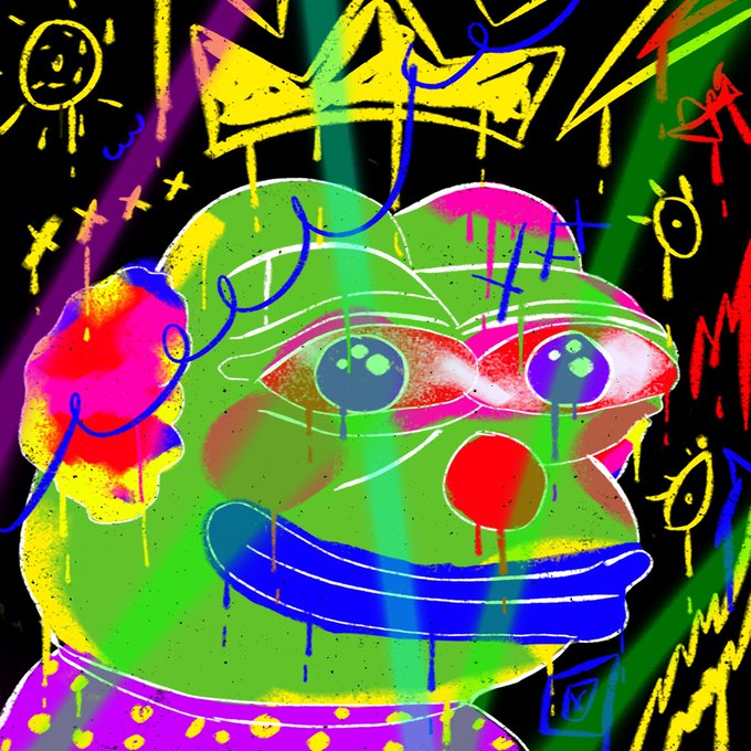 A colorful graffiti-style artwork of a green character with large red eyes wearing a yellow crown, featuring paint drips and street art tags.