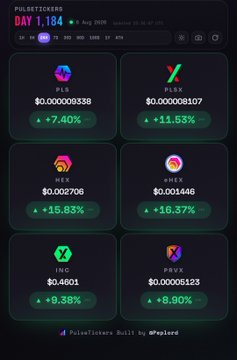 Mobile screenshot of PULSETICKERS showing cryptocurrency performance for PLS (+7.40%), PLEX (+11.53%), INC (+15.83%), HYP (+16.37%), IHC (+9.38%), and PRX (-0.90%).