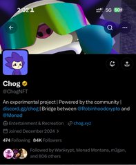 The image shows the Monaverse profile for "Chog" (@chogdotfun), labeled as "An experimental project | Powered by the community | Donuts go chog | Bridge between @robinhoodcrypto and @Monad," with 3,774 followers and 84K total follows. The post references the limited 1,969 supply and public FCFS mint—aligning with the profile's experimental, hype-driven crypto project theme.