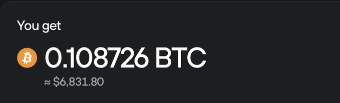 The image displays a crypto purchase notification showing "You get 0.108726 BTC" worth approximately $6,831.80, which aligns with the post's celebration of acquiring roughly 0.1 Bitcoin on the 4th of July as a way to remove Bitcoin from circulation permanently.