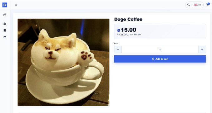 The image features a cup with a cat face on top of it, which has been styled like a dog. This cat-faced cup is being sold for $15.00 at the moment. In the surrounding context, there are two buttons - one labeled "Add to cart" and another called "Get doge coffee". These buttons provide options for adding the product to a shopping cart or purchasing it directly from the image page. The text in the image includes "Dog #DOGECOIN", which could potentially be the name of the artist or creator of this unique cat-faced cup design, and "#DOGE". This combination of elements gives us an idea of what the post might be about, with a focus on buying dog-themed coffee products.