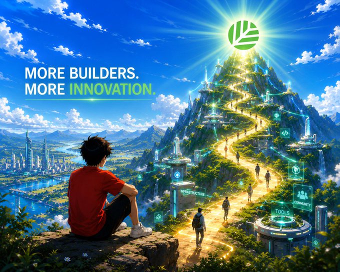 A promotional graphic showing a young person sitting on a cliff overlooking a glowing futuristic mountain with the text 'MORE BUILDERS. MORE INNOVATION.' and labels for INFRASTRUCTURE, COMMUNITY, and TOOLS.