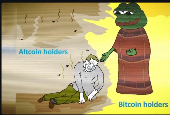 A 'Sad Pepe' meme depicts a distressed 'Altcoin holders' figure kneeling among flies and stench lines, being blessed by a haloed 'Bitcoin holders' figure depicted as an angelic Pepe.