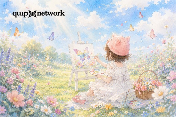 The image features a young girl sitting outside, painting a picture while wearing a hat with butterfly ears. She has a basket full of flowers beside her as she paints. The scene includes various elements such as butterflies flying around her, flowers, trees, and a white easel nearby. The background is filled with colorful flowers that add to the overall beauty of the image. The post appears to be promoting Quip network or an art-related project, as indicated by the text "Quip network" in the image description.