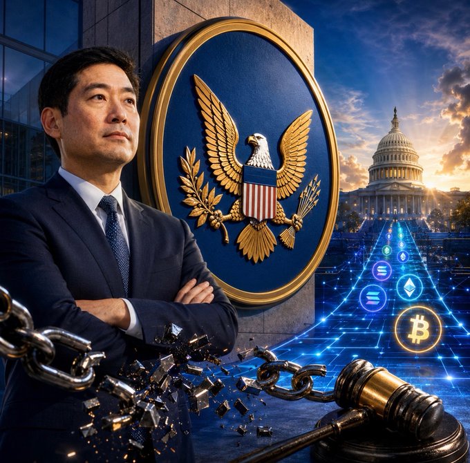SEC Commissioner Mark Uyeda, the SEC seal, the U.S. Capitol, Bitcoin symbols, and broken chains frame his three-point crypto reset: ending regulation by enforcement, issuing clear guidance, and collaborating with Congress.