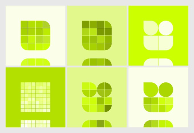 A grid of six green-themed squares featuring various geometric shapes including grid patterns, rounded squares, and semicircles arranged in abstract designs.