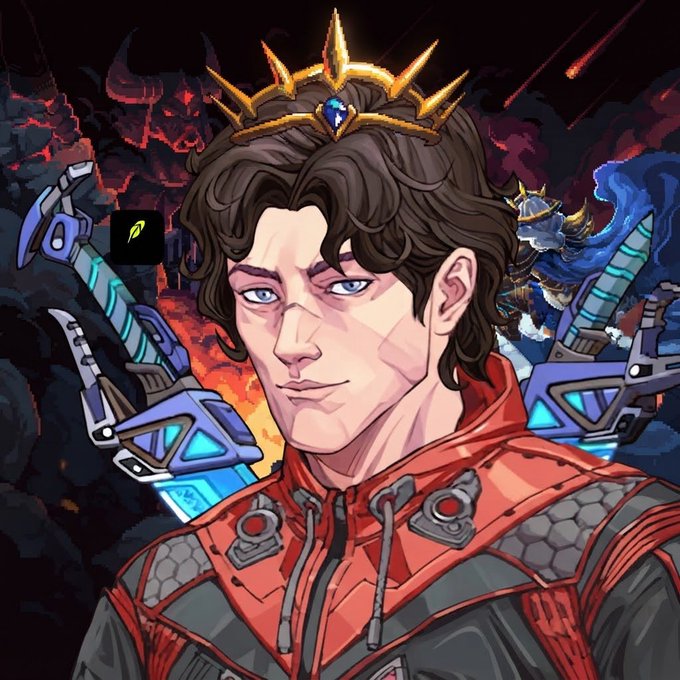 Digital illustration of a blue-eyed man wearing a spiked golden crown and a red jacket, with futuristic weapons and a dark, fiery background.