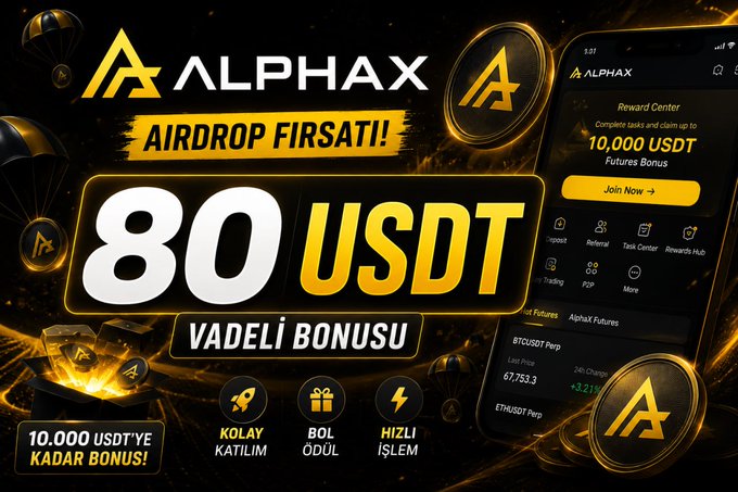 The image features a promotional poster for an event hosted by AlphaX, the maker of Airdrop coins. The poster includes a cell phone displaying the event details, with a banner promoting the use of USDT as payment. There are also several coins featured on the poster, including one that says "Vadeli Bonusus".