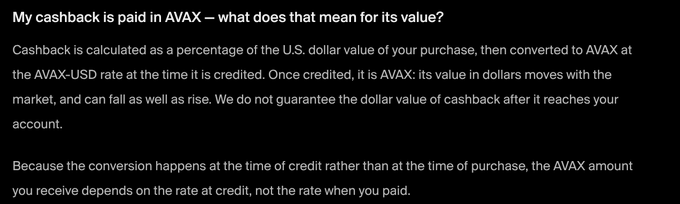 An image showing a notice explaining that cashback paid in AVAX is calculated as a percentage of the U.S. dollar value of a purchase and converted to AVAX at the AVAX-USD rate at the time of crediting, meaning its dollar value can fluctuate with the market. This relates to the post by highlighting how Ethena Pay uses AVAX-based cashback to reward holders, reinforcing the bullish case for Avalanche.