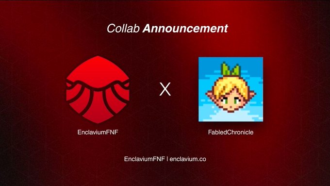 A collaboration announcement graphic featuring the EnclaviumNFT logo on the left and the FabledChronicle character logo on the right, with the text 'EnclaviumFNF | enclavium.co' at the bottom.