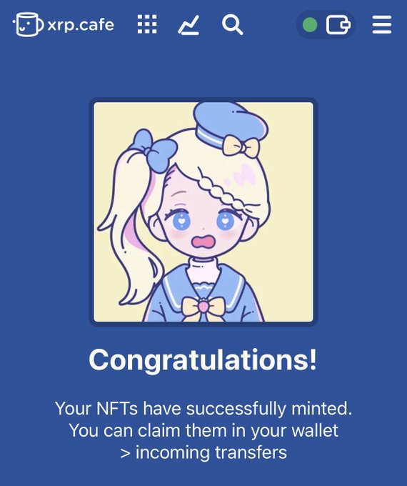 Screenshot from xrp.cafe showing a successful NFT mint of a cute anime-style character with the text 'Congratulations! Your NFTs have successfully minted. You can claim them in your wallet > incoming transfers'.