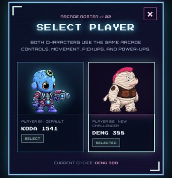A character selection screen titled "SELECT PLAYER" from a game, showing two alien-like characters: "KODA 1541" and "DENG 388," with the latter marked as "SELECTED."