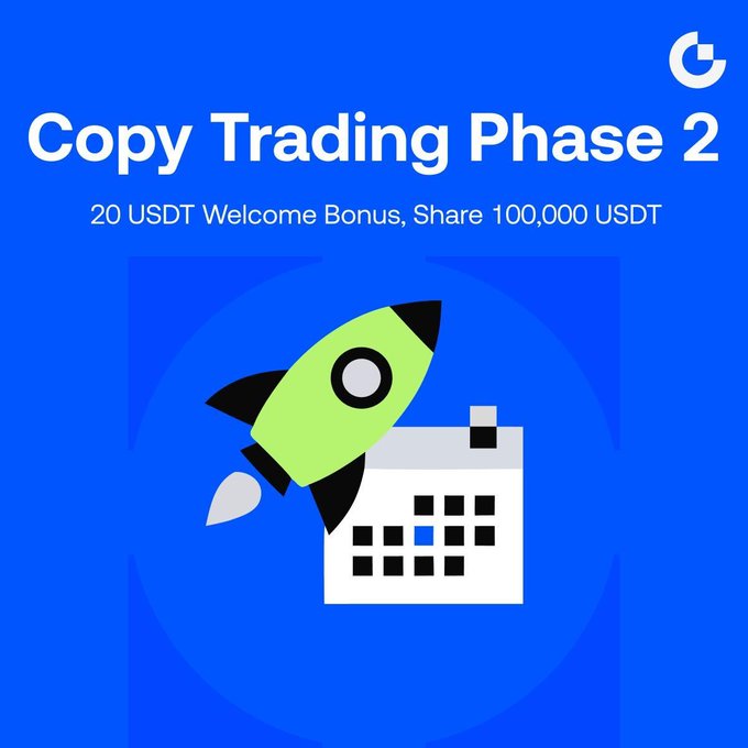 The image features a green rocket with a white circle on top that says "Copy Trading Phase 2" written on it. The rocket has a blue flame coming out of its nose. Below the rocket, there's a calendar with black squares representing days from 1 to 31. The text in the image reads "Copy Trading Phase 2", and it also mentions that there is a 20 USDT Welcome Bonus for those who participate in this phase.